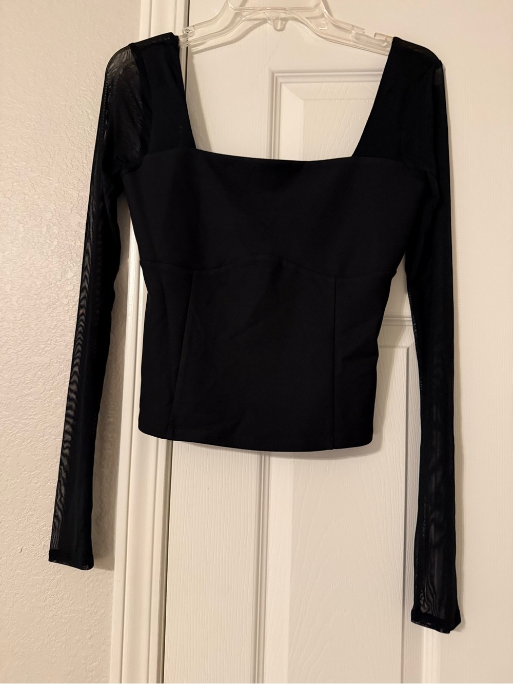 Abercrombie & Fitch Black Long-Sleeve Square Neck Top with Mesh Sleeves